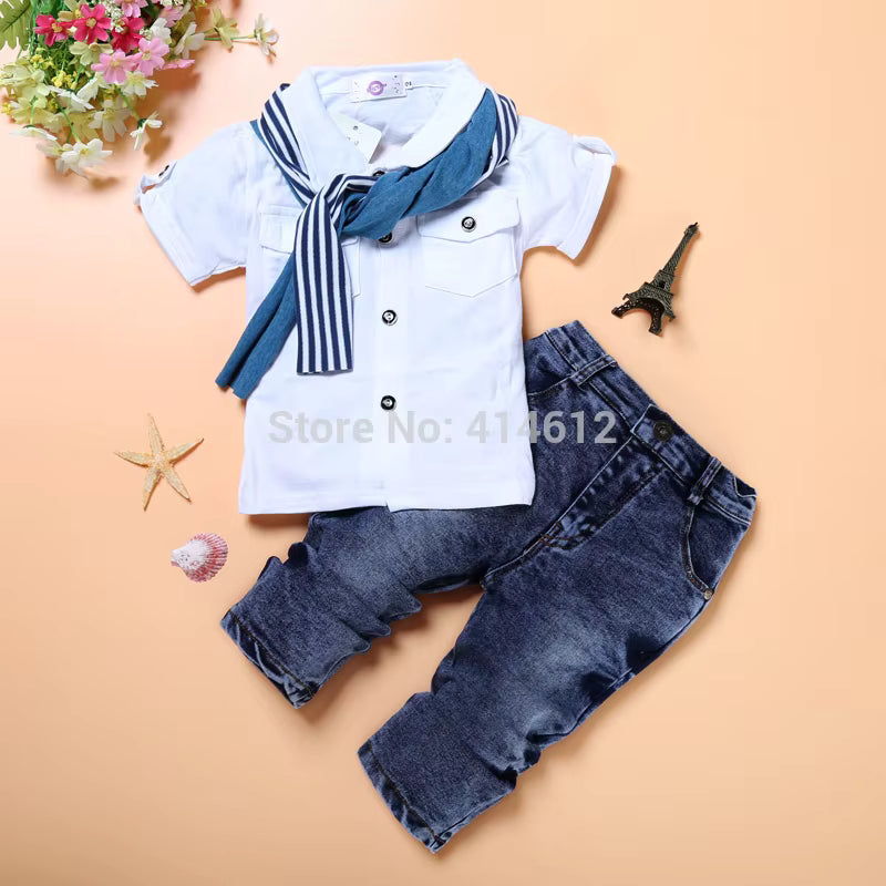 Zomer Jongens Outfit (3-delig) – T-shirt, Jeans & Sjaal