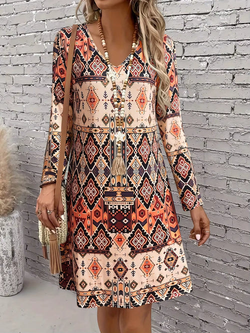 Trendy Lange Mouw Jurk met Patroon