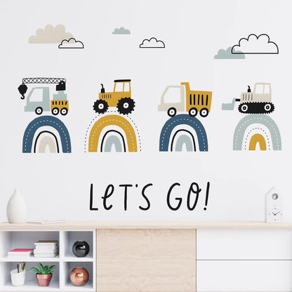 Stoere Kinderkamer Sticker – Regenboog & Voertuigen