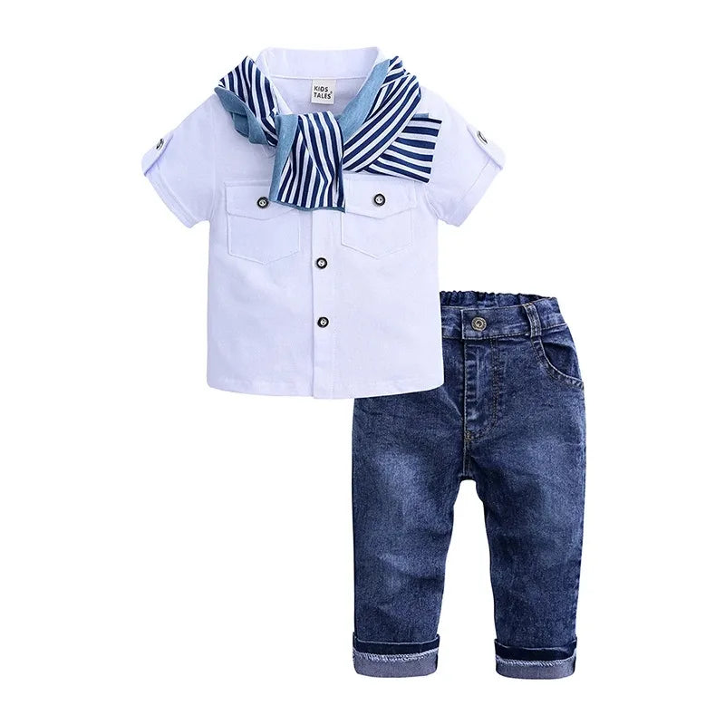 Zomer Jongens Outfit (3-delig) – T-shirt, Jeans & Sjaal